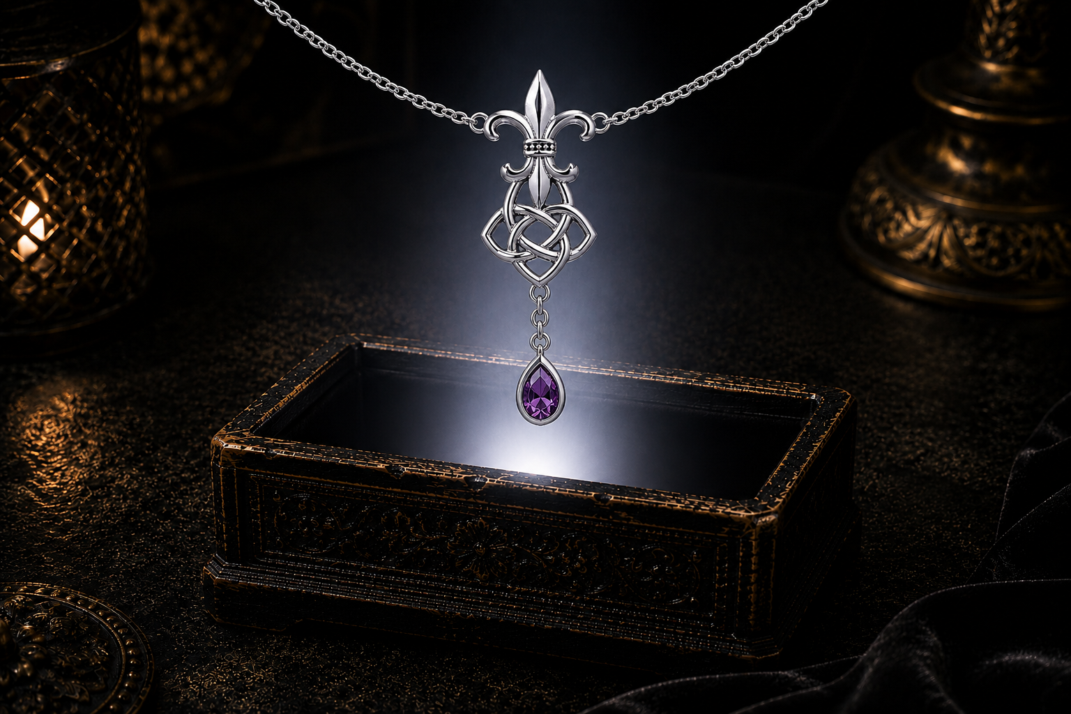 Amethyst Celtic Fleur De Lis sterling silver dangle necklace illuminated above an ornate jewelry box in a dark cinematic luxury setting