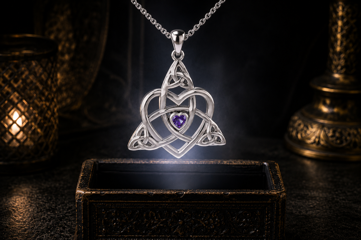 Sterling silver Celtic Trinity heart pendant with amethyst and cable chain suspended in a white light beam above an antique jewelry box
