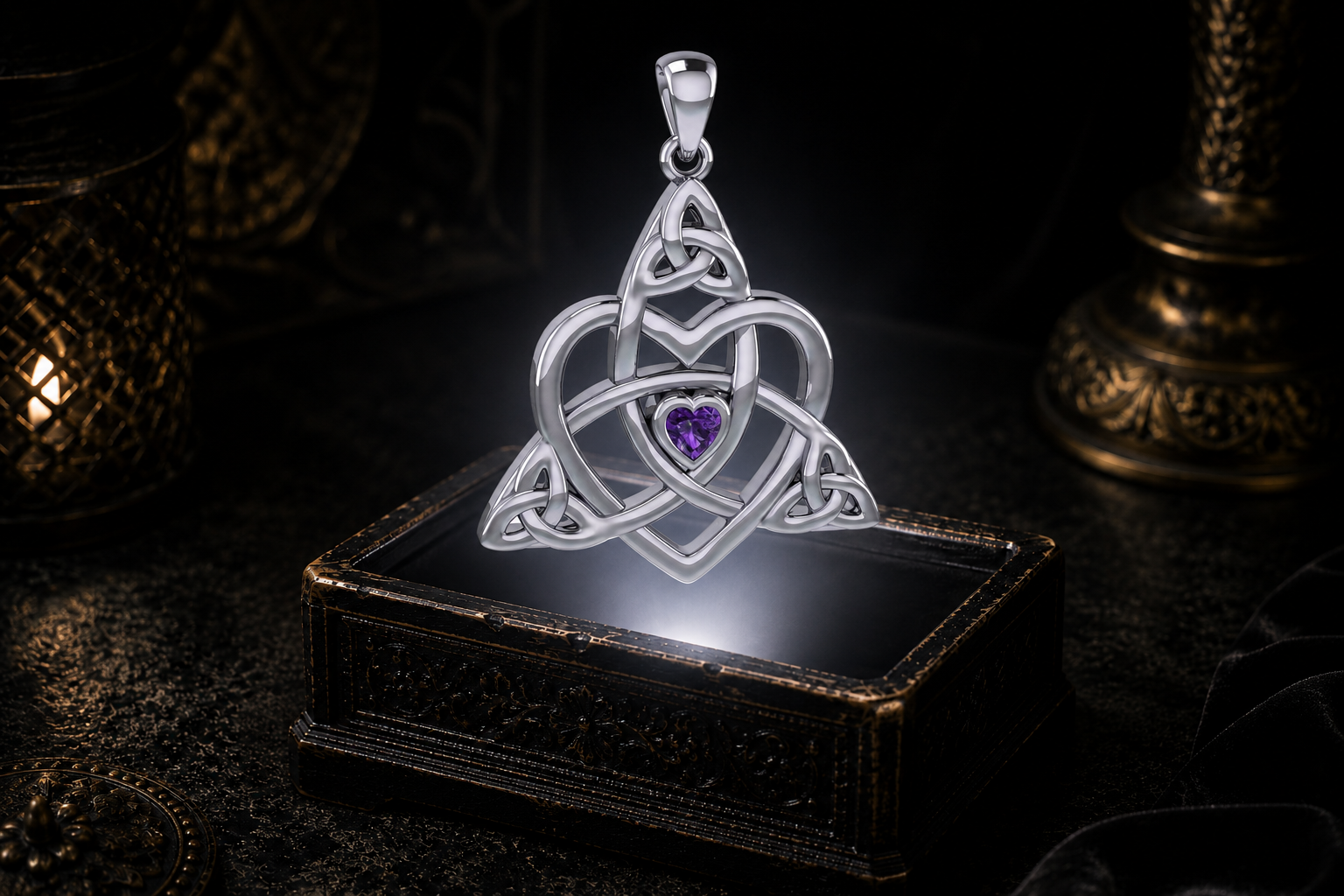 Sterling silver Celtic Trinity heart pendant with a heart-shaped garnet hovering above an ornate antique jewelry box in a neutral white beam of light
