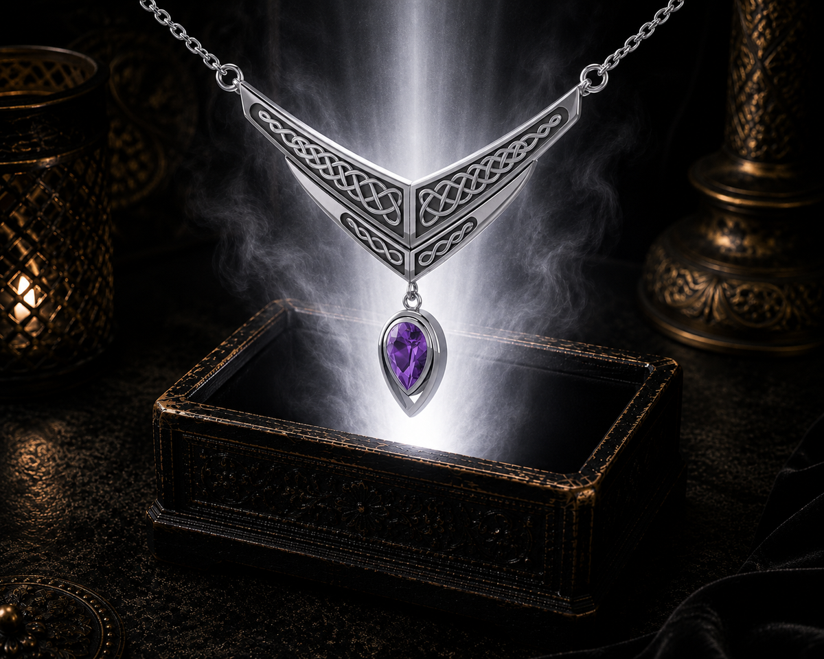 Amethyst sterling silver Celtic interlace wing necklace floating above an ornate jewelry box surrounded by glowing light in a dark cinematic setting