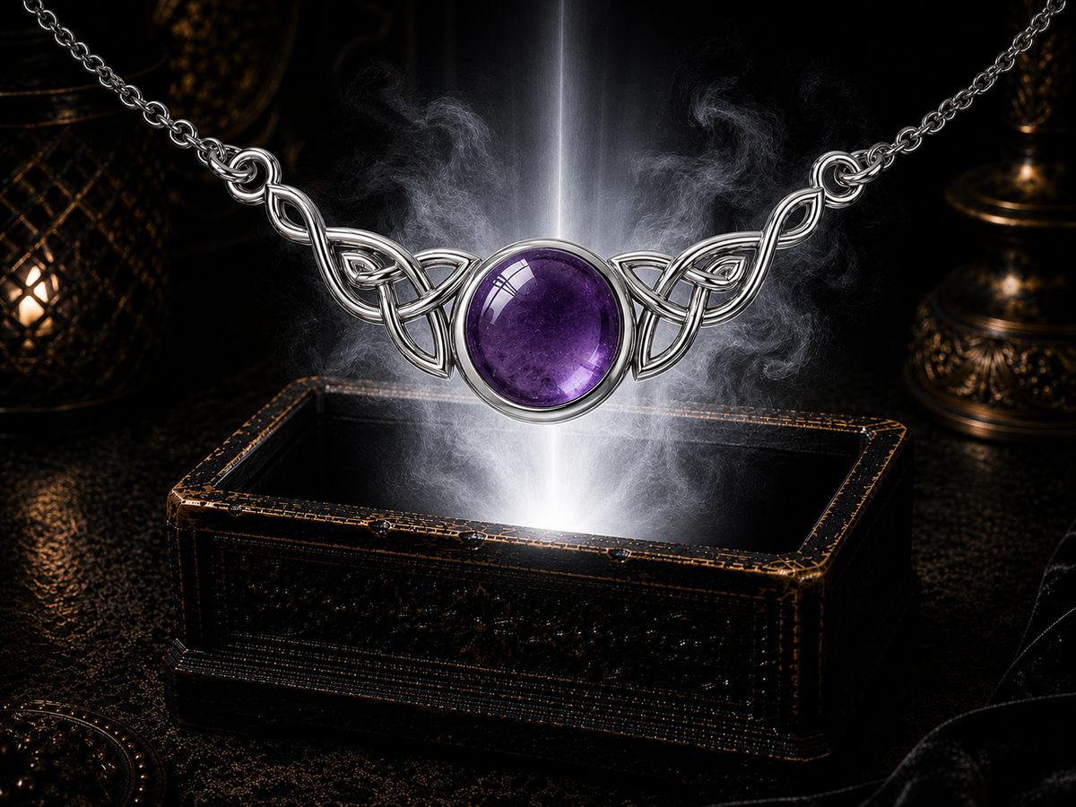 Amethyst Celtic knot sterling silver necklace illuminated above an ornate dark jewelry chest surrounded by soft glowing light