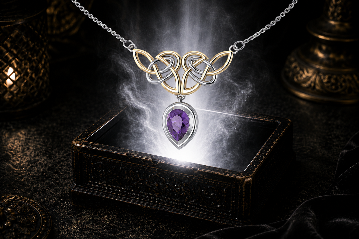 Sterling silver Celtic Trinity Knot necklace with pear cut amethyst gemstone and 14K gold accents floating above a glowing ornate jewelry box in a dark cinematic setting