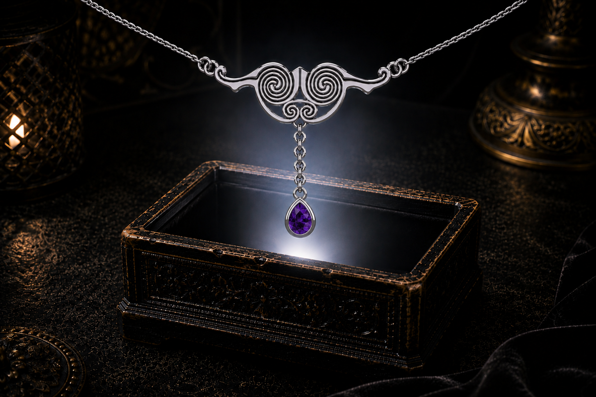 Sterling silver Celtic spiral necklace with amethyst teardrop gemstones floating above an ornate jewelry box in a dark cinematic luxury setting