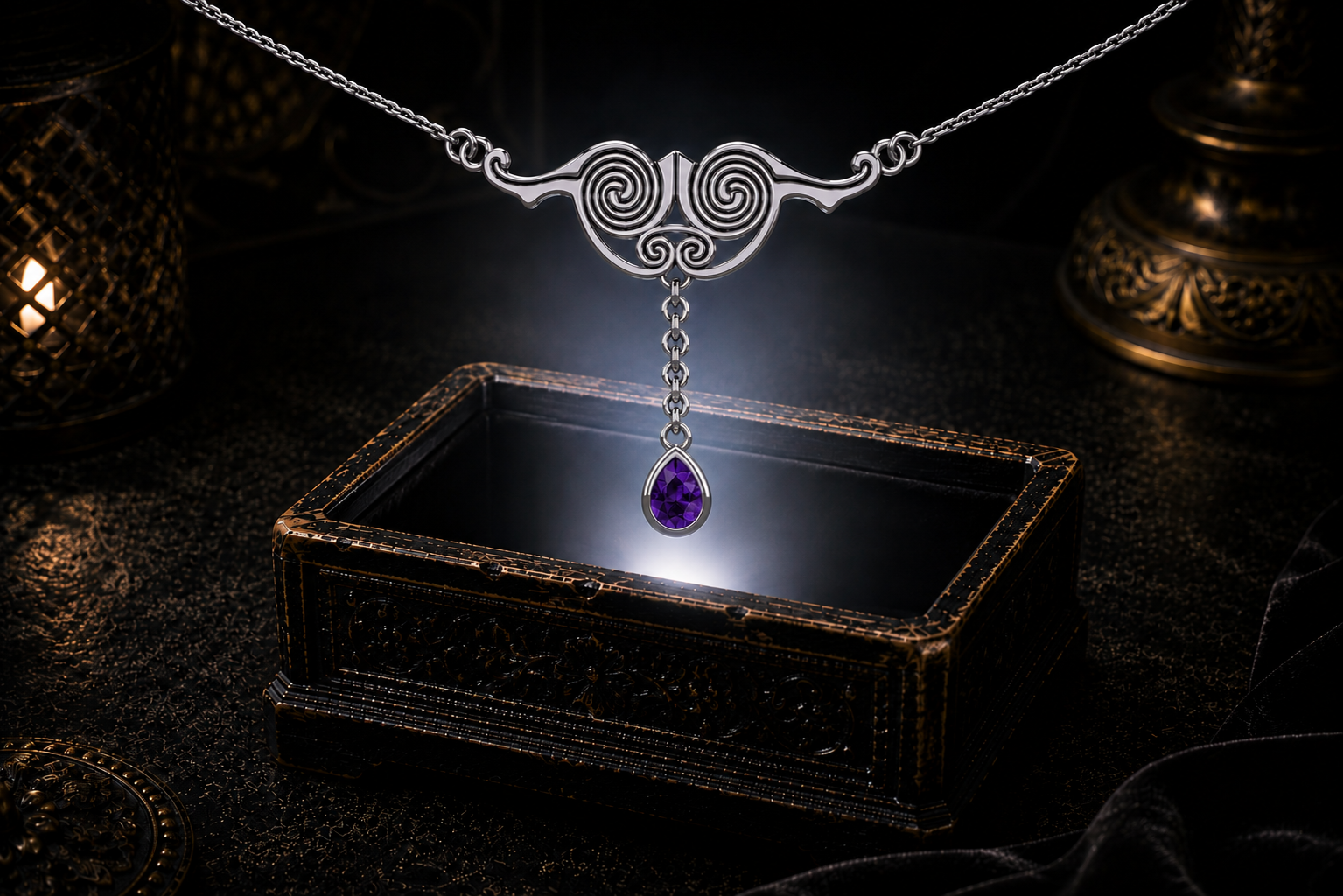Sterling silver Celtic spiral necklace with amethyst teardrop gemstones floating above an ornate jewelry box in a dark cinematic luxury setting