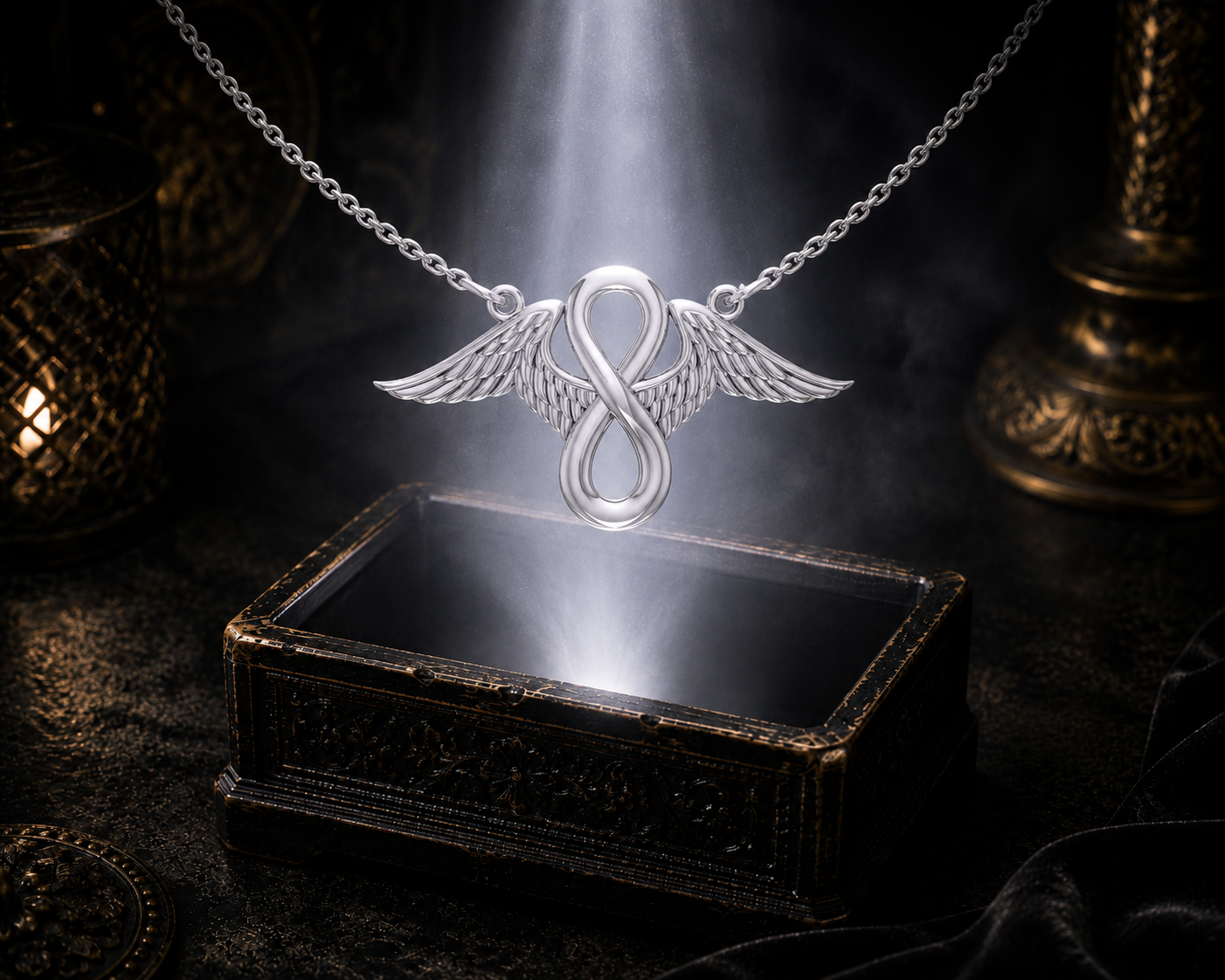 Sterling silver angel wings infinity necklace floating above an ornate jewelry box beneath luminous light in a dark luxury setting with soft cinematic reflections.