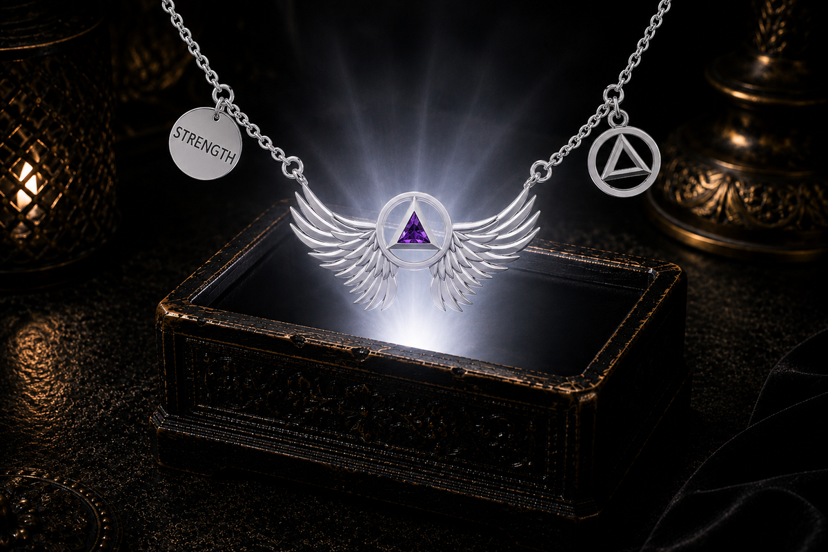 Sterling silver angel wings sobriety triangle necklace with amethyst gemstone floating above a glowing ornate jewelry box in a dark luxury setting