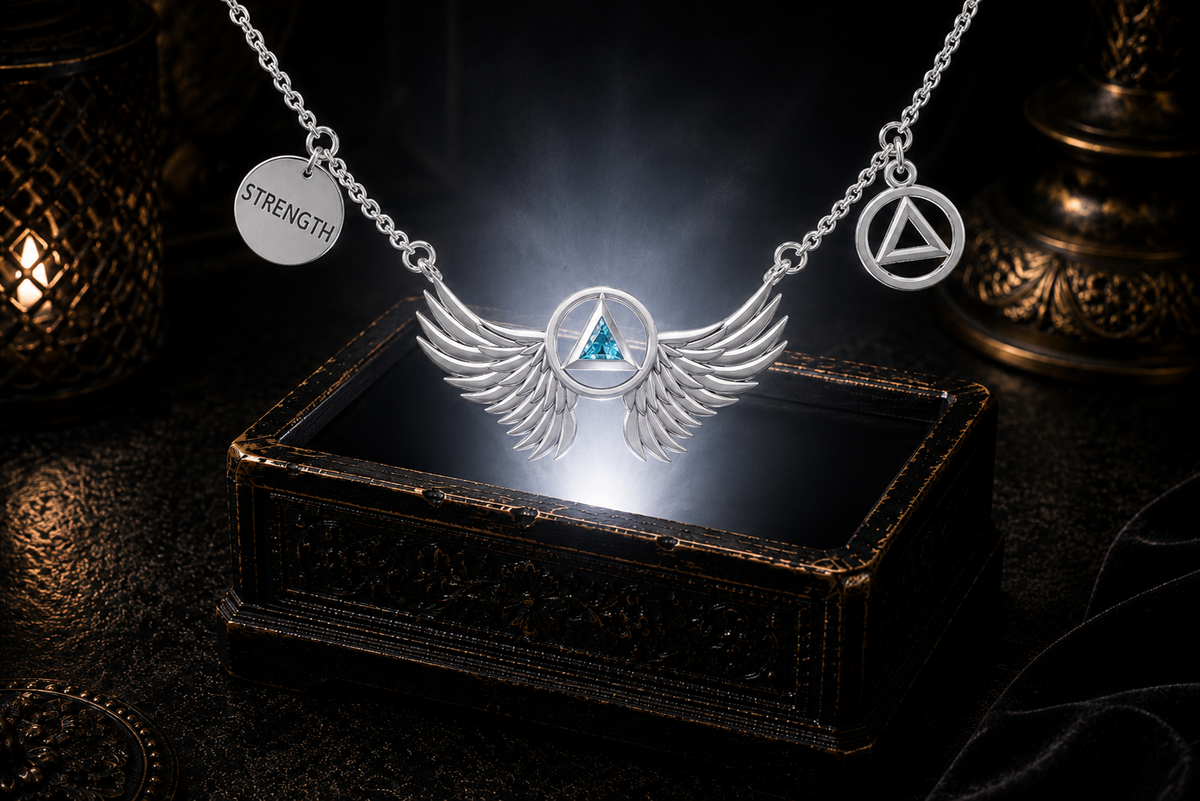 Sterling silver angel wings sobriety triangle necklace with blue topaz gemstone floating above a glowing ornate jewelry box in a dark, mysterious luxury setting