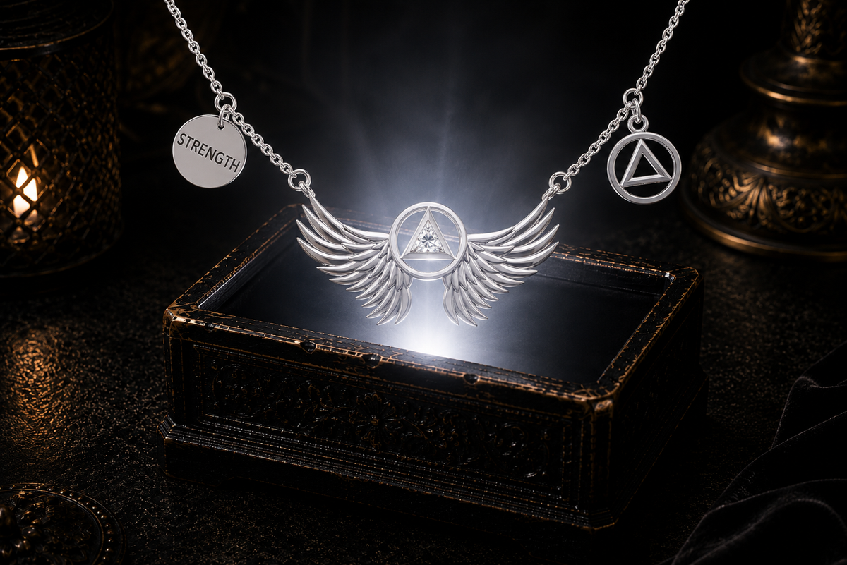 Sterling silver sobriety necklace with cubic zirconia triangle charm illuminated above an ornate jewelry box