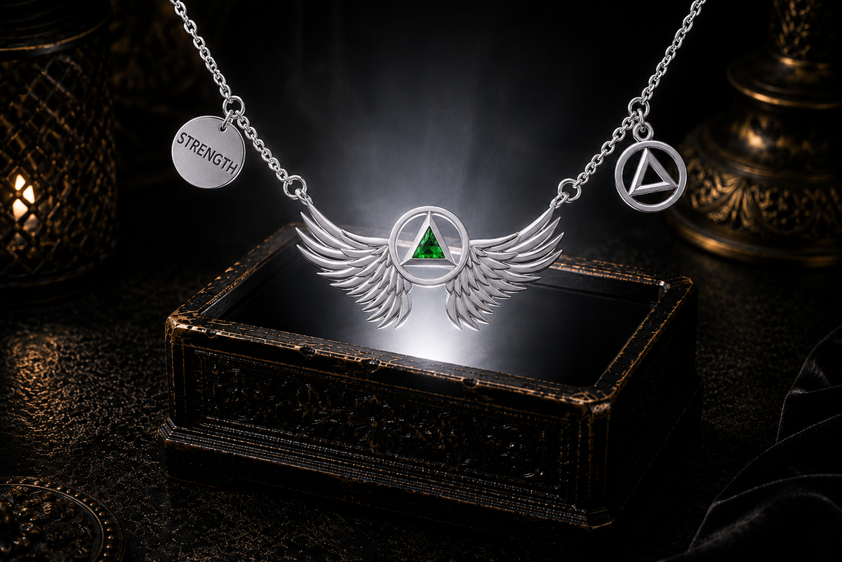 Emerald glass sobriety triangle pendant necklace with sterling silver angel wings floating above a luminous jewelry chest