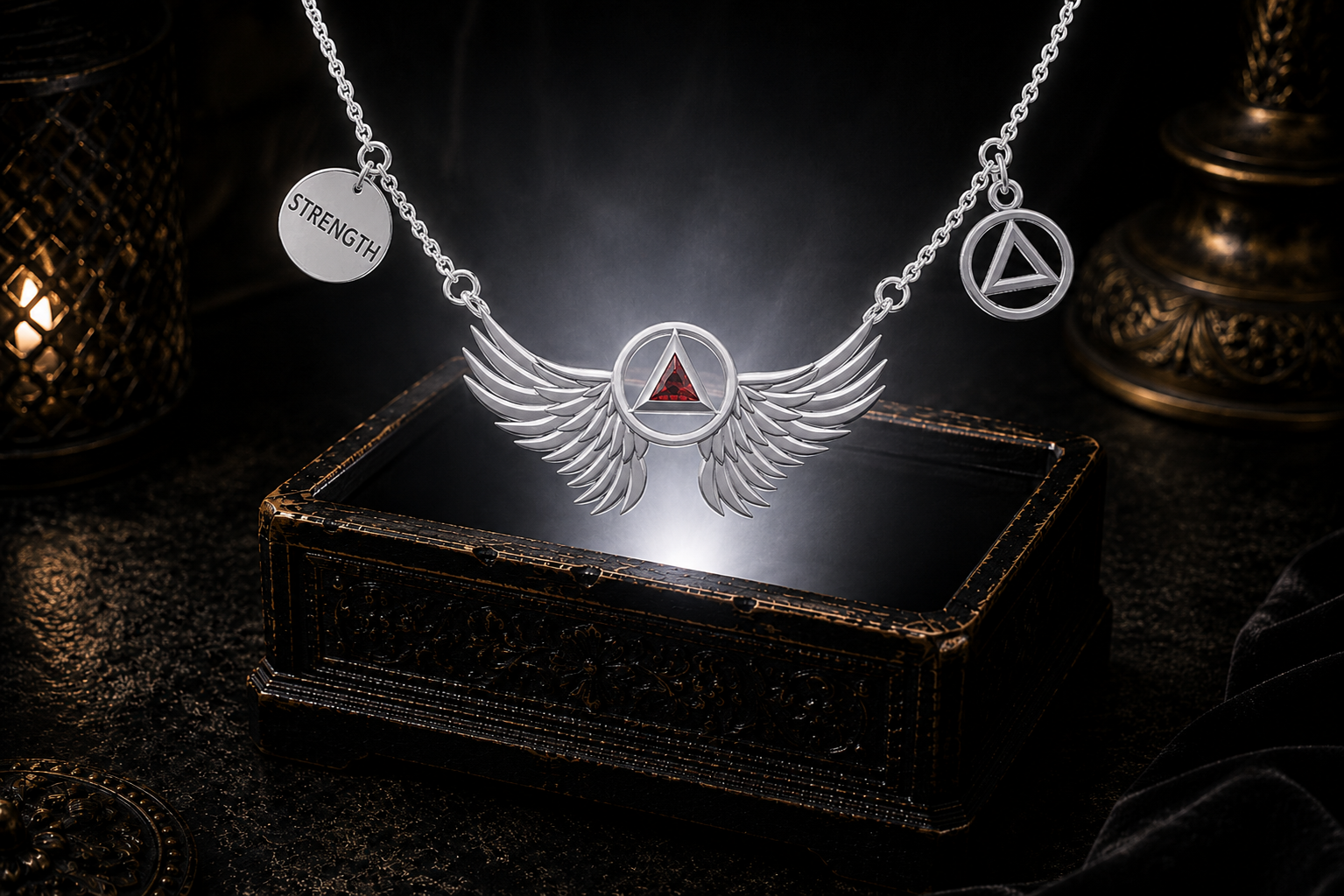 Sterling silver angel wings sobriety triangle necklace with garnet gemstone floating above a glowing ornate jewelry box in a dark luxury setting