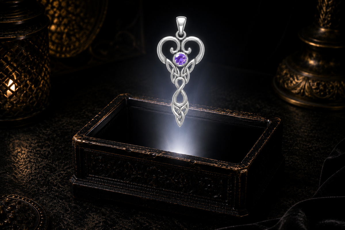 Aquarius Zodiac Goddess pendant with genuine amethyst floating above a carved coffer surrounded by dark antique décor