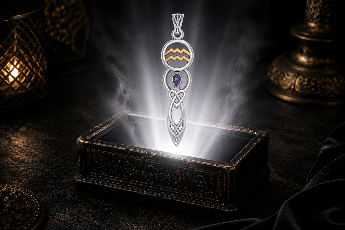 Sterling silver Aquarius zodiac goddess pendant with amethyst and gold accents floating above an ornate jewelry box illuminated by glowing light in a dark luxury setting.