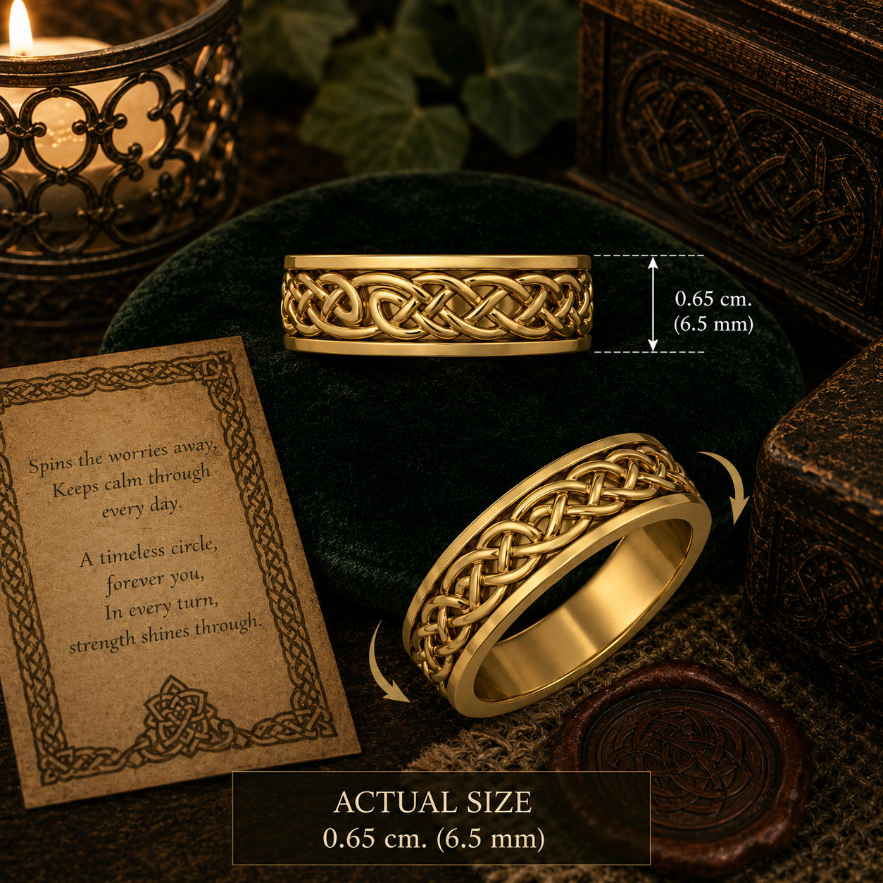 14K gold Celtic harmony spinner ring with intricate Celtic knotwork displayed in a warm candlelit Celtic setting with actual size reference and spinning band details