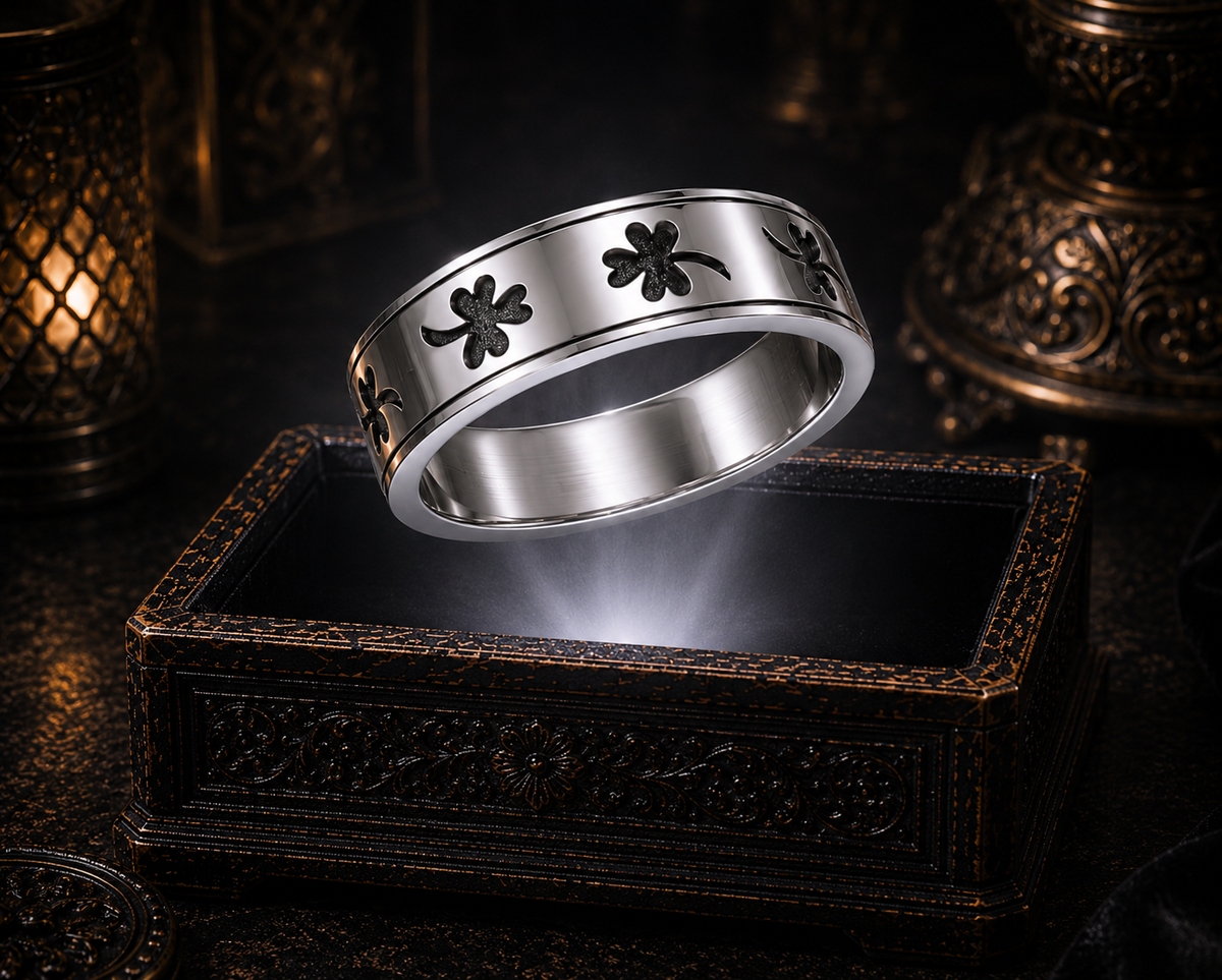 Sterling silver Celtic shamrock band ring hovering above an illuminated antique black coffer in a dark cinematic luxury setting.