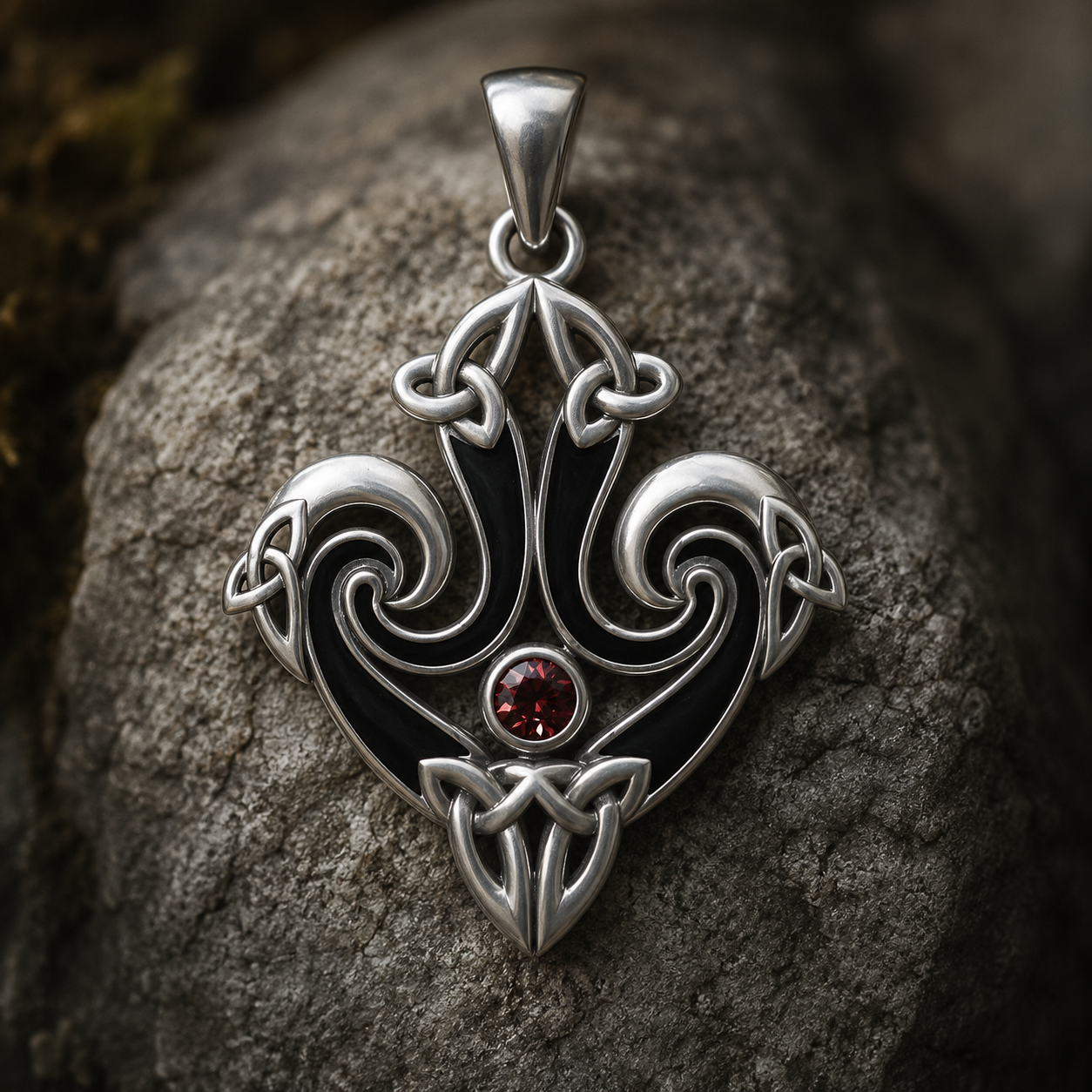 Celtic Spiral Trinity sterling silver pendant with garnet gemstone and triquetra-inspired knotwork resting on a textured stone