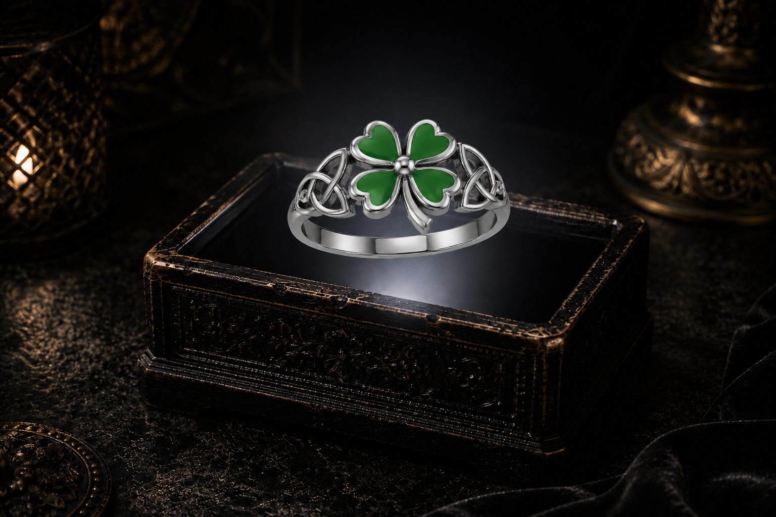 Enchanted four leaf clover sterling silver ring with green enamel and Celtic knotwork design