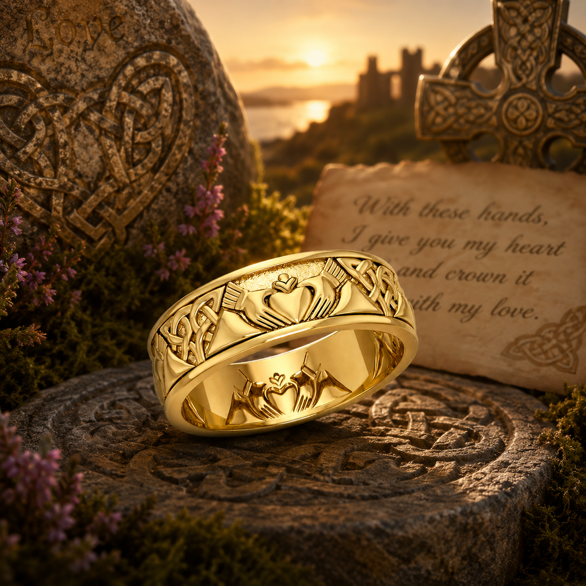 Gold Claddagh Celtic knot ring 14K displayed on ancient Celtic stone carvings in a warm Irish-inspired setting