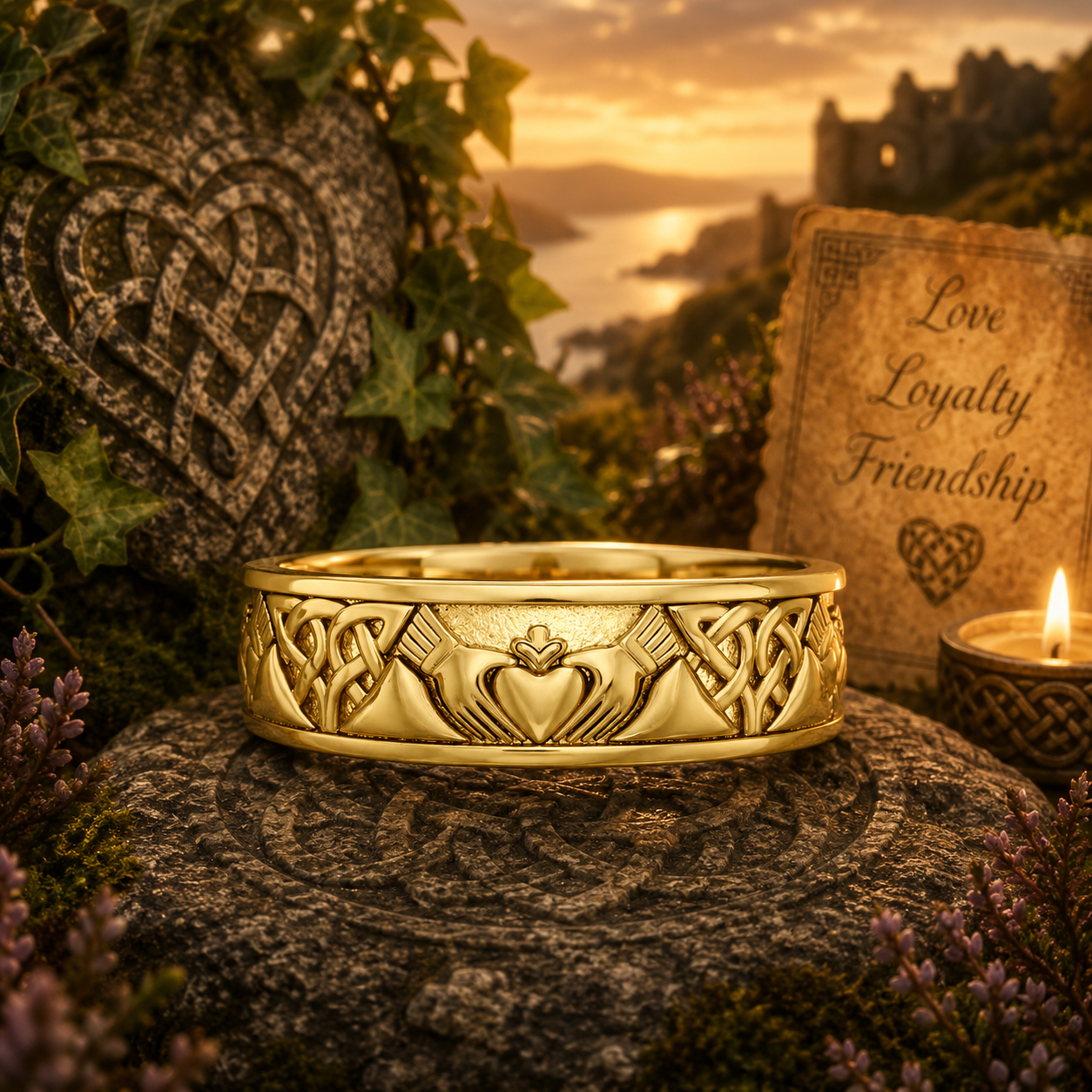 Gold Claddagh Celtic knot ring 14K displayed on ancient Celtic stone carvings in a warm Irish-inspired setting