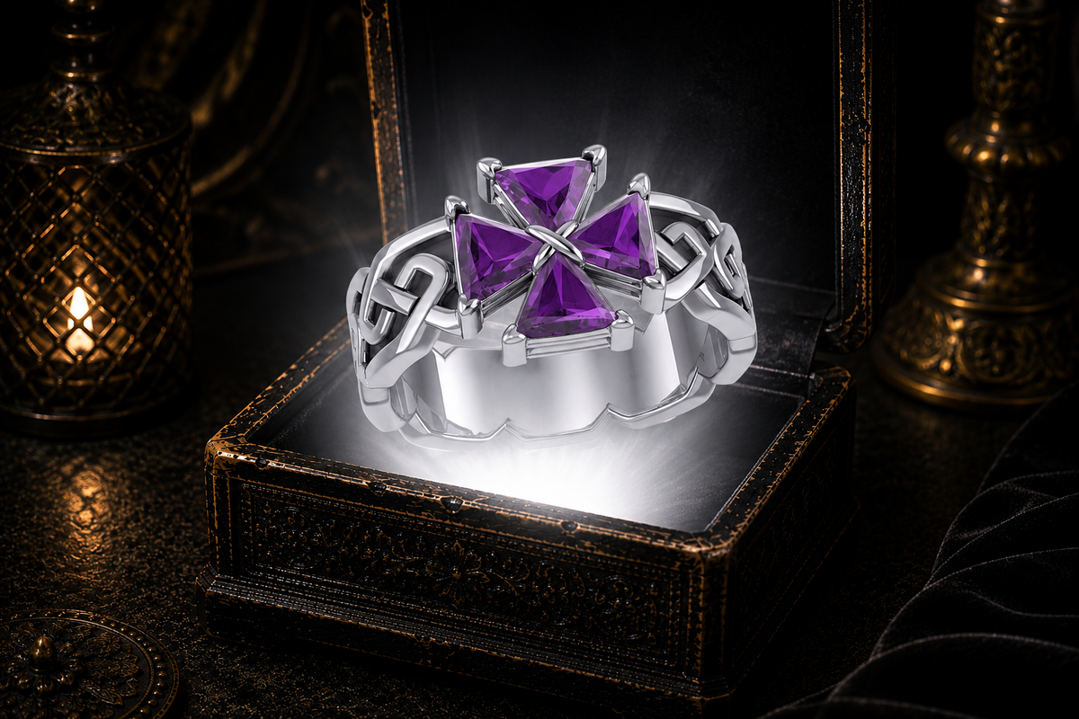 Maltese cross amethyst sterling silver ring floating above glowing antique jewelry box in dark gothic luxury setting