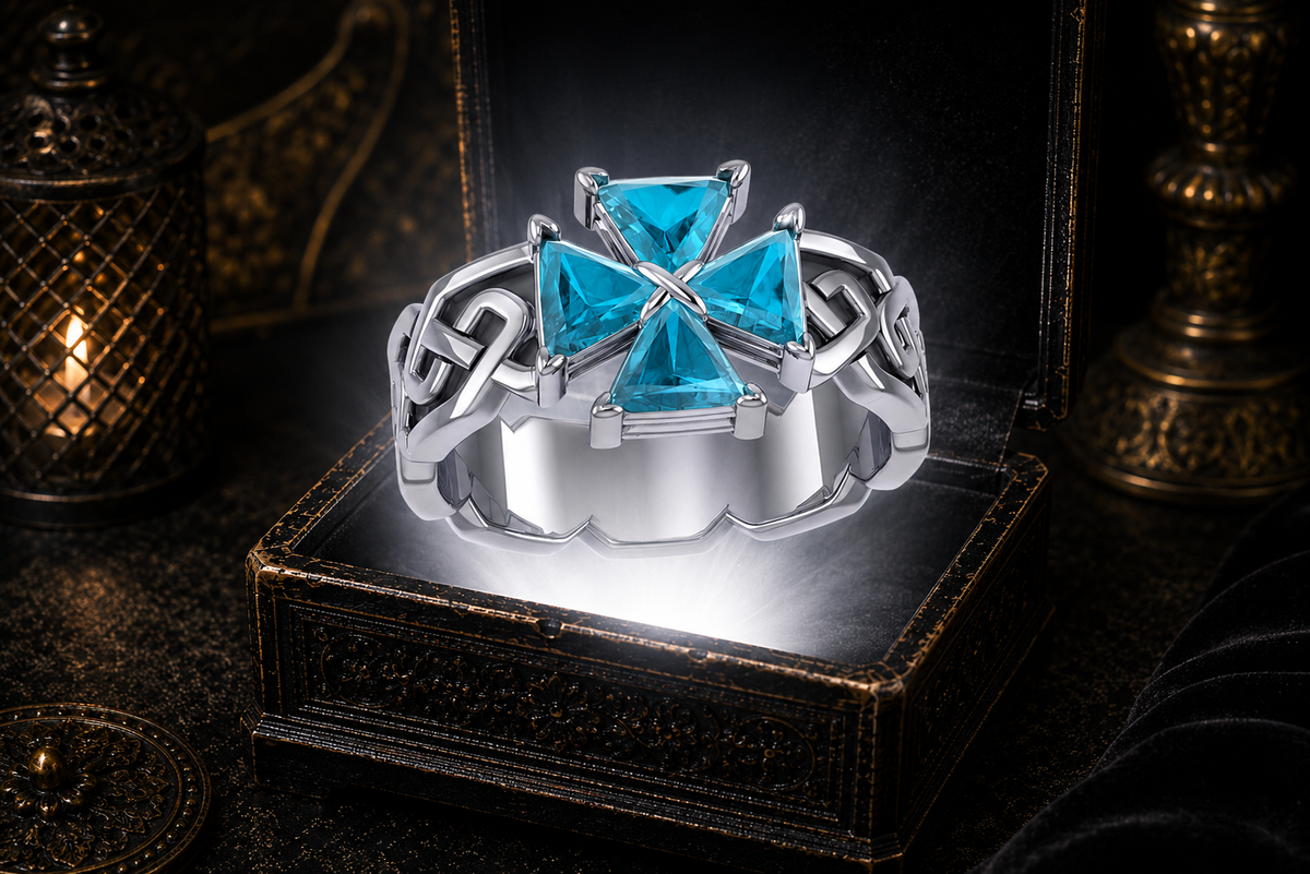 Maltese cross blue topaz sterling silver ring showcased above glowing black jewelry box with cinematic lighting