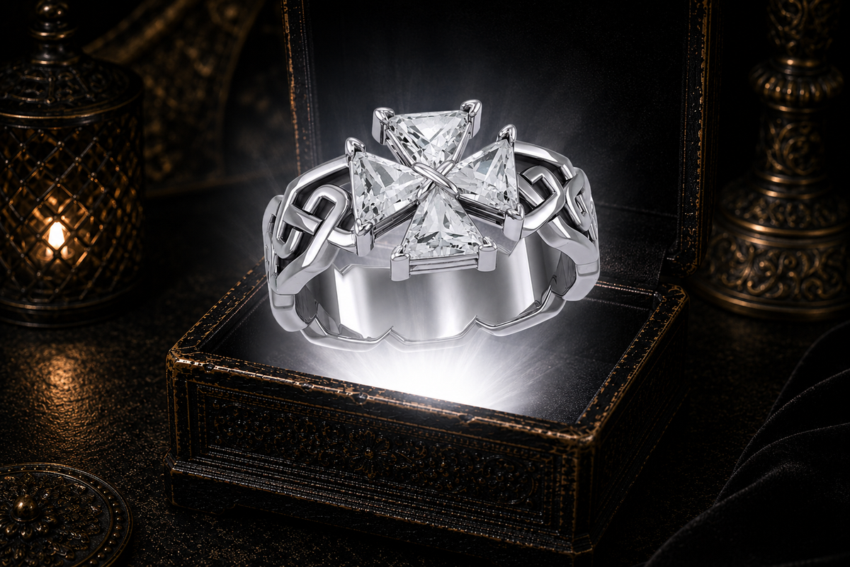 Maltese cross cubic zirconia sterling silver ring floating above glowing antique jewelry box in cinematic gothic setting