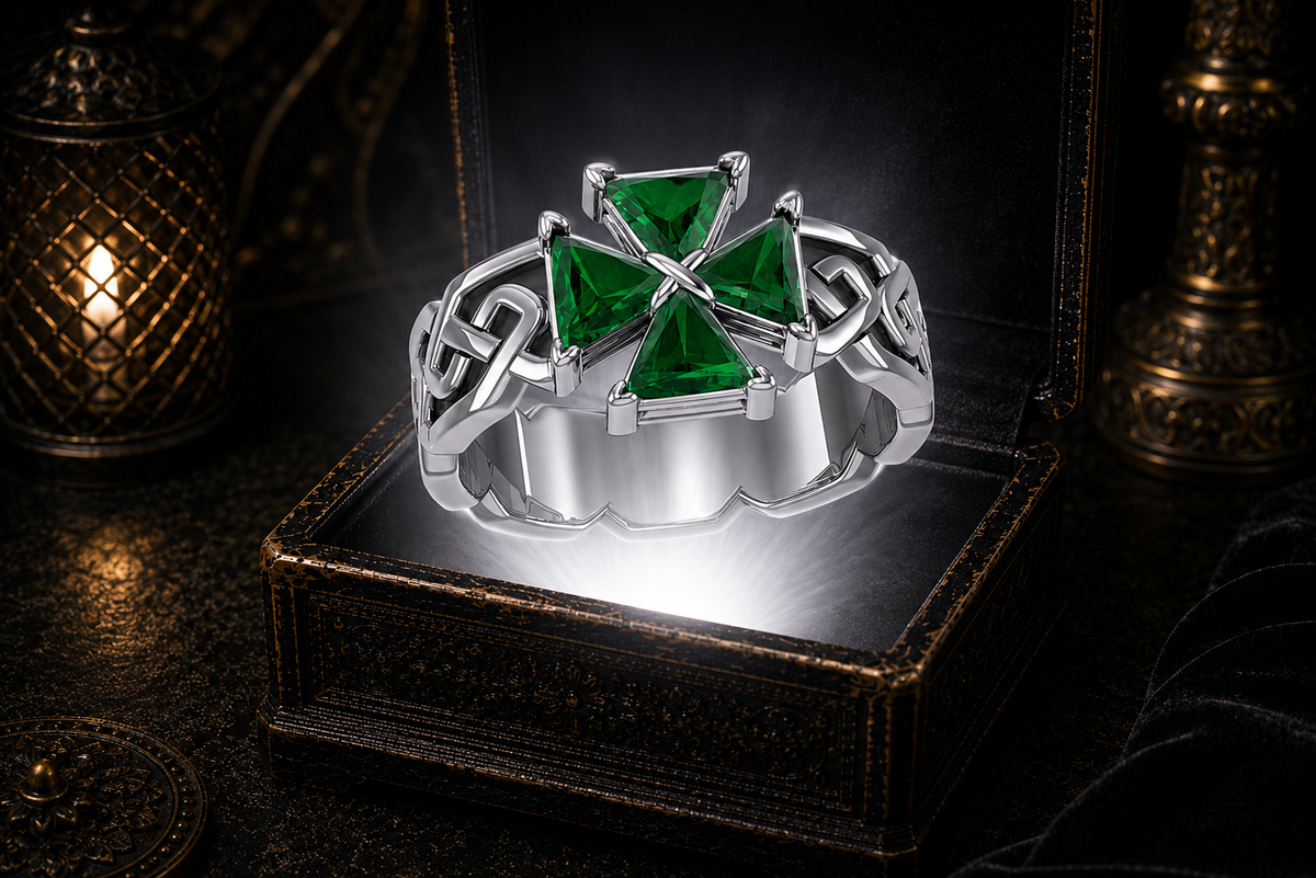 Maltese cross emerald green sterling silver ring hovering above antique gothic jewelry box with dramatic luxury atmosphere