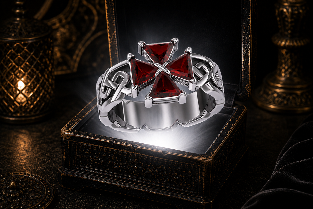 Maltese cross garnet sterling silver ring hovering above antique gothic jewelry box with cinematic luxury lighting