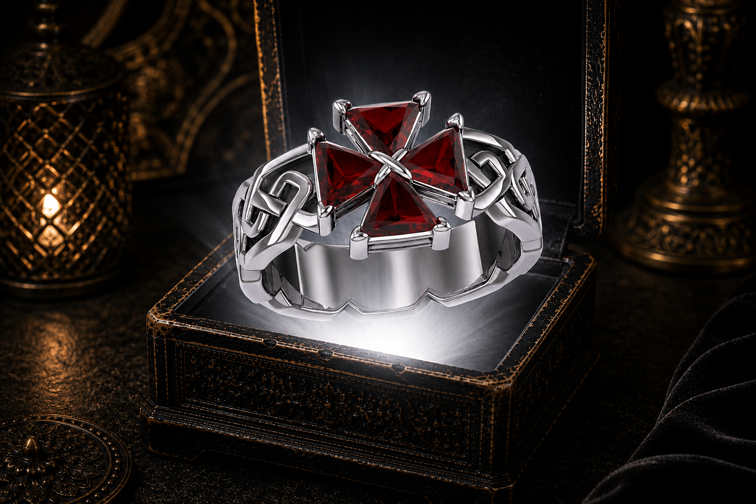 Maltese cross garnet sterling silver ring hovering above antique gothic jewelry box with cinematic luxury lighting