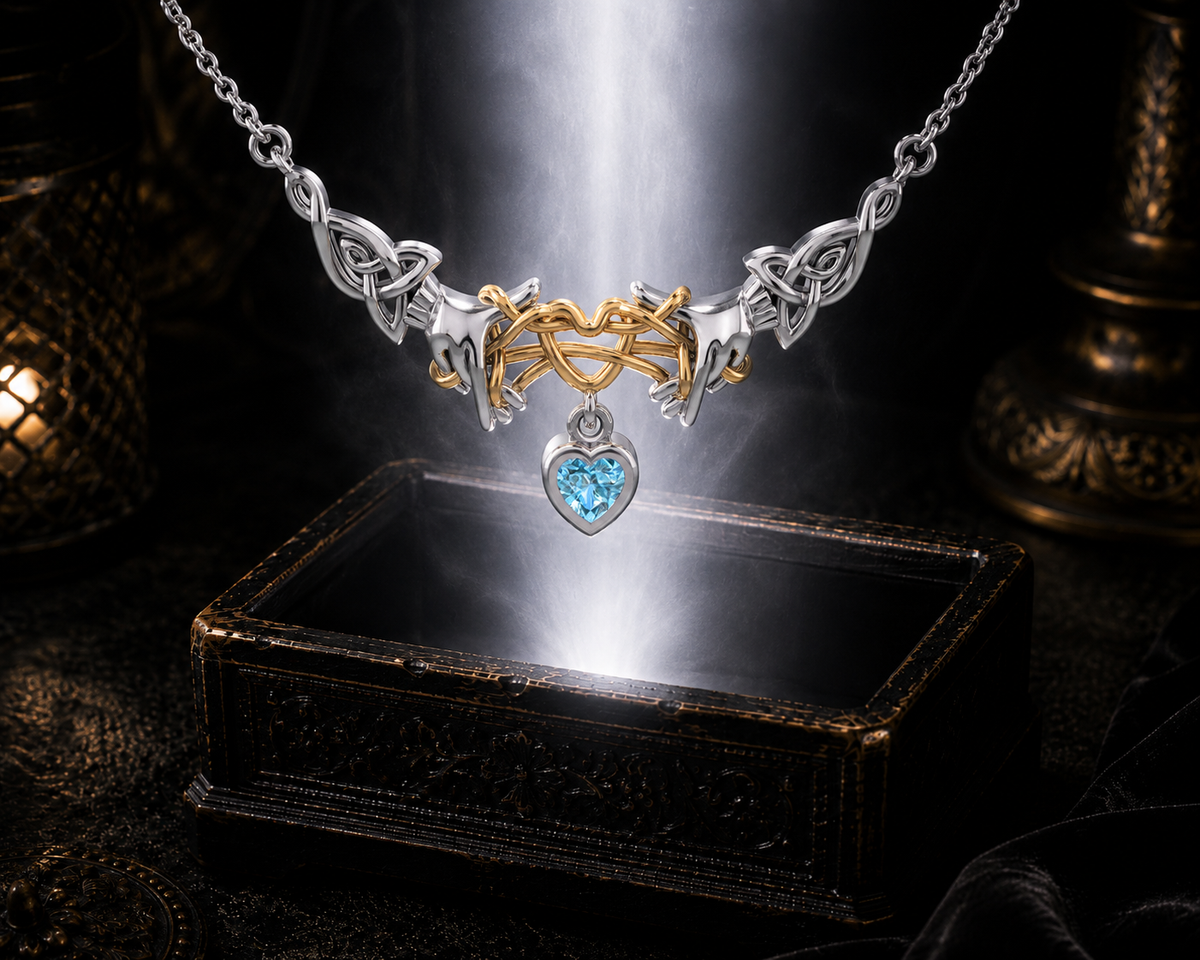 Sterling silver Ayatori Celtic heart necklace with gold accents and blue topaz gemstone displayed above a luminous jewelry chest illuminated by radiant light in a cinematic luxury environment.