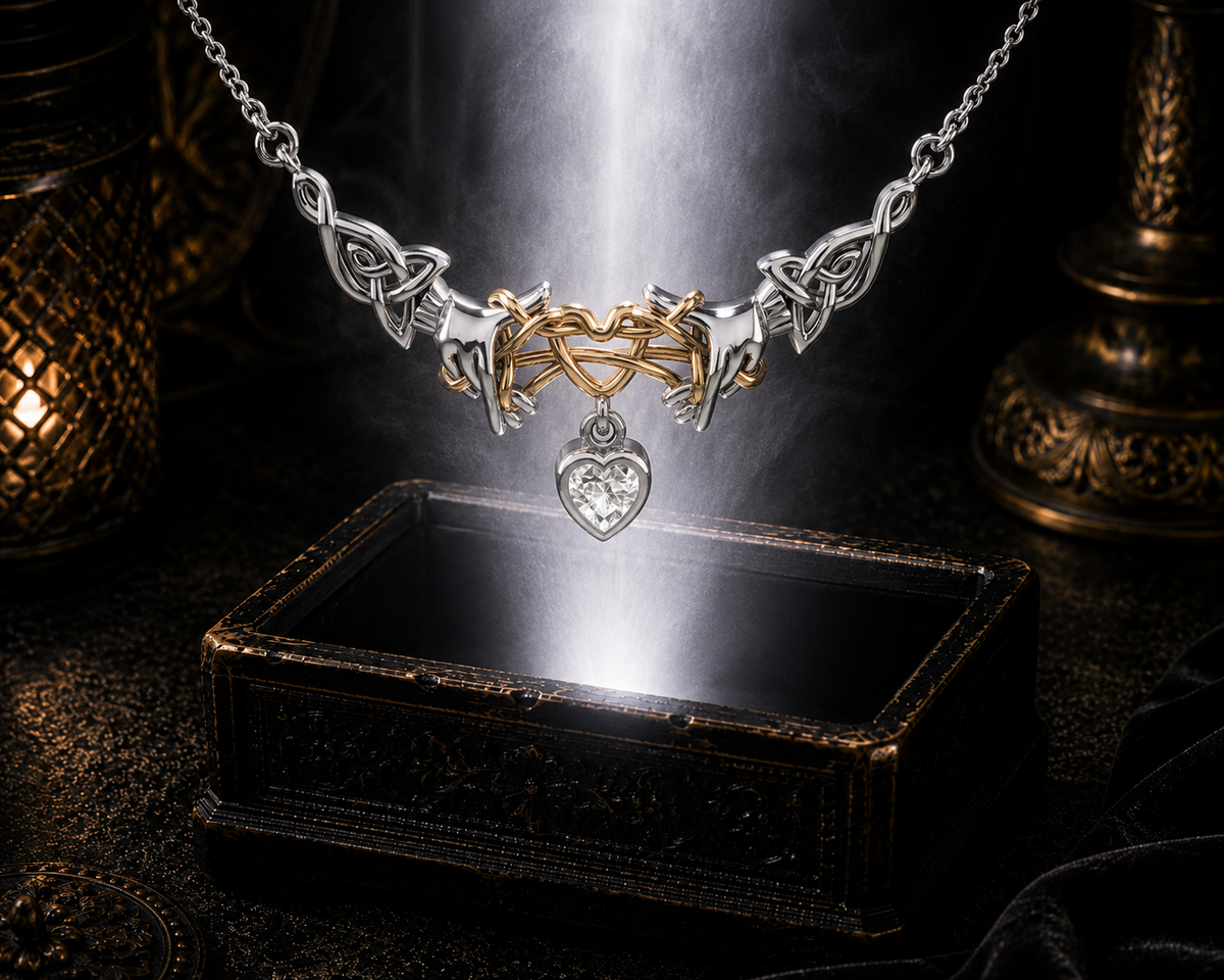 Sterling silver Ayatori Celtic heart necklace with gold accents and cubic zirconia gemstone displayed above a luminous jewelry chest sparkling with radiant light in a dark cinematic setting.