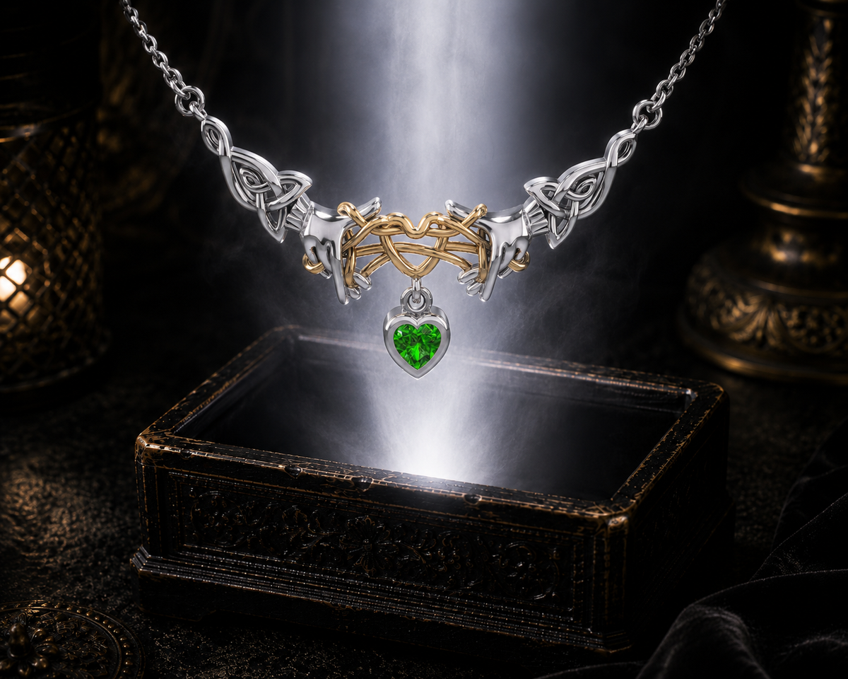 Sterling silver Ayatori Celtic heart necklace with gold accents and emerald green gemstone floating above an ornate dark jewelry box surrounded by elegant glowing light and rich shadows.