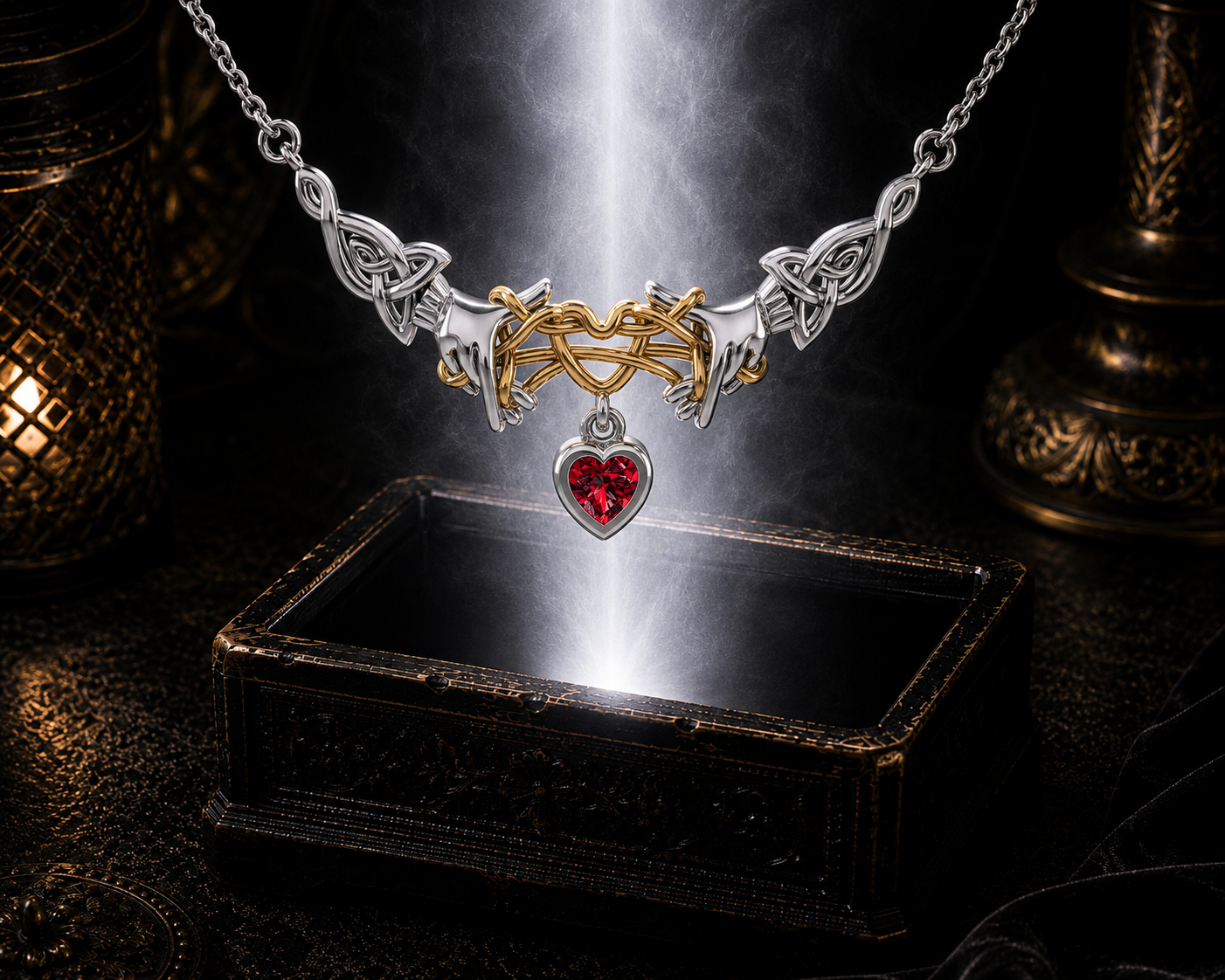 Sterling silver Ayatori Celtic heart necklace with gold accents and amethyst gemstone floating above an ornate jewelry box surrounded by soft glowing light in a dark luxury setting.