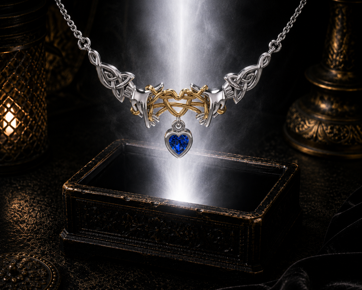 Sterling silver Ayatori Celtic heart necklace with gold accents and sapphire gemstone floating above an ornate jewelry box surrounded by brilliant blue light in a dramatic luxury environment.