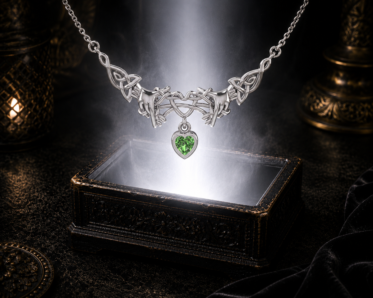 Sterling silver Ayatori Celtic heart necklace with emerald green gemstone floating above an ornate dark jewelry box surrounded by elegant glowing light and rich shadows.