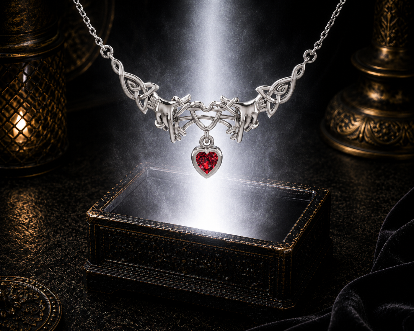 Sterling silver Ayatori Celtic heart necklace with garnet gemstone suspended above an ornate jewelry box illuminated by warm luminous light in a refined luxury setting.