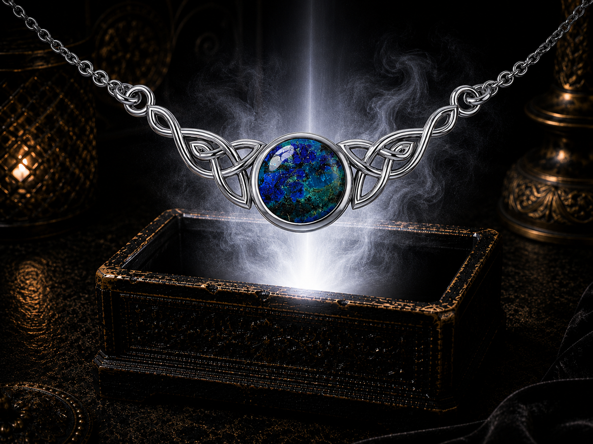 Azurite Celtic knot sterling silver necklace glowing above an ornate jewelry chest against a dark luxury backdrop