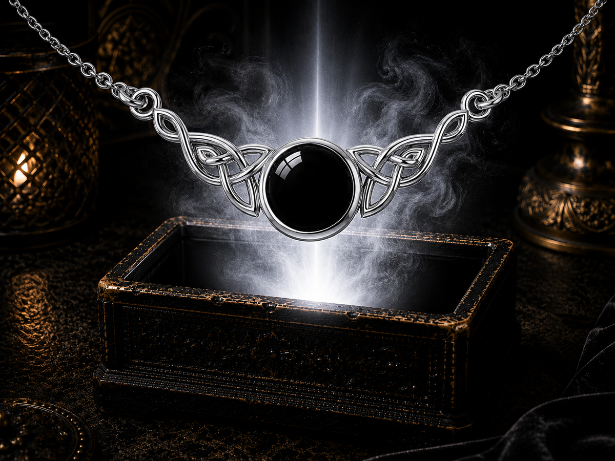 Black onyx Celtic knot sterling silver filigree necklace floating above a luminous jewelry box in a mystical luxury scene