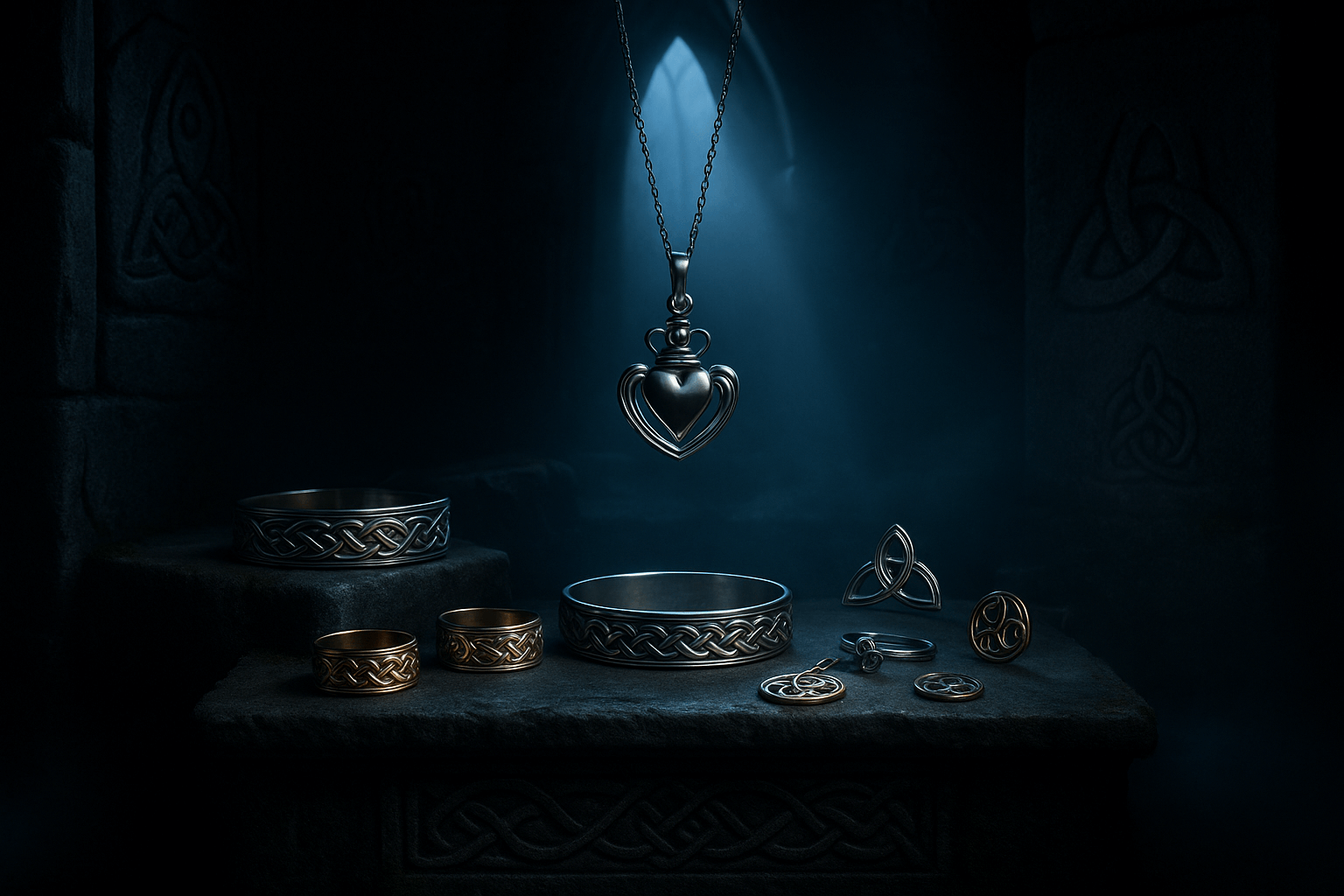 Moonlit Celtic jewelry illuminated by blue light through a stone window with Claddagh pendant and knotwork rings
