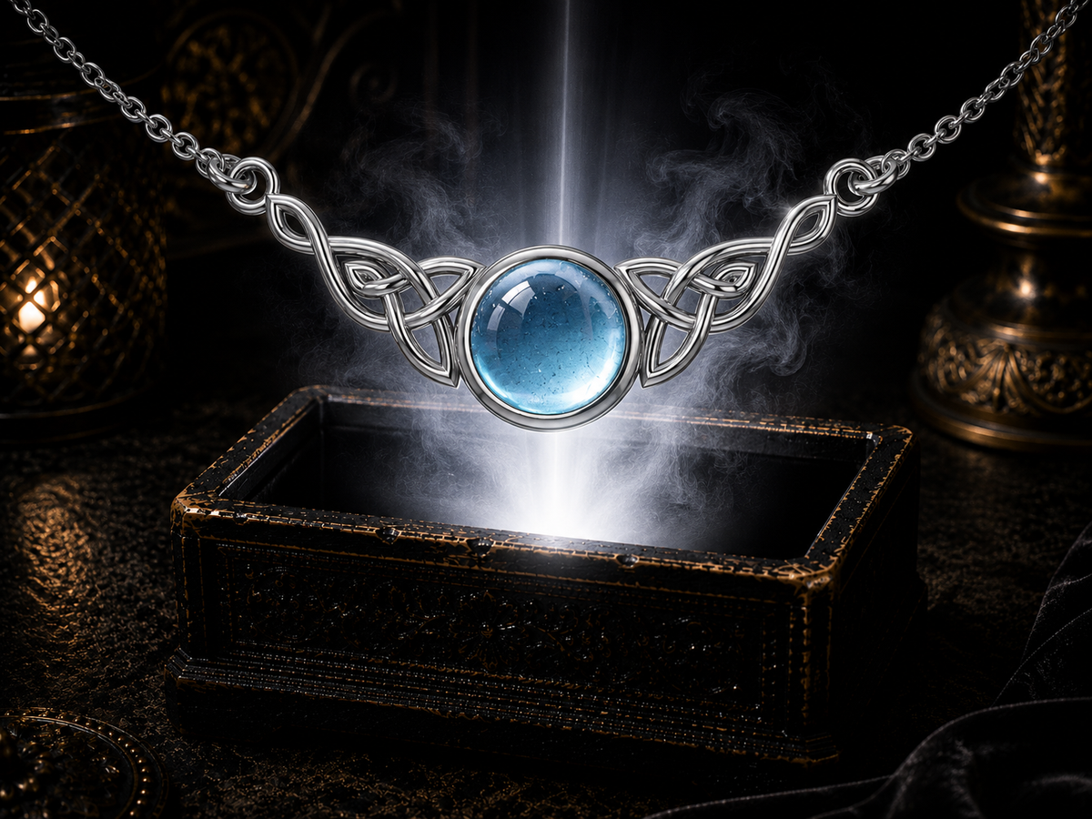 Blue topaz Celtic knot sterling silver necklace displayed in an elegant shadowed luxury setting with radiant reflections
