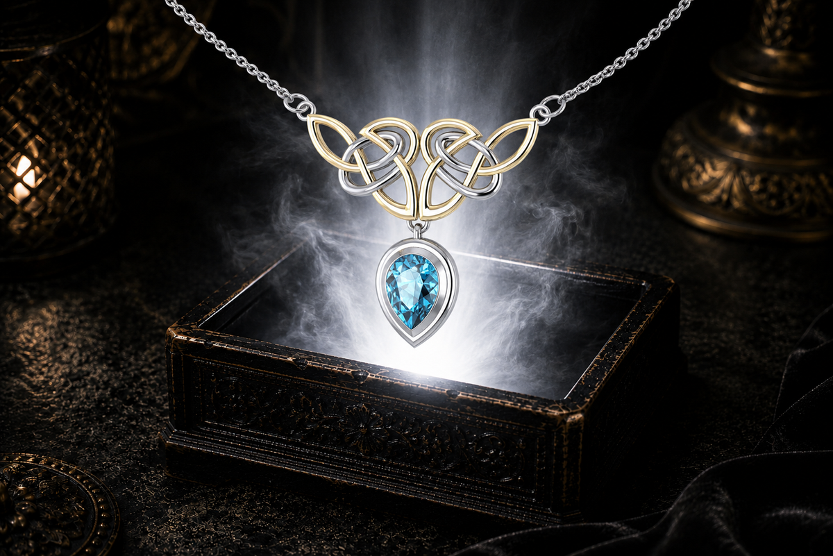 Sterling silver Celtic Trinity Knot necklace with pear cut blue topaz gemstone and 14K gold accents illuminated above an ornate jewelry chest surrounded by soft glowing light