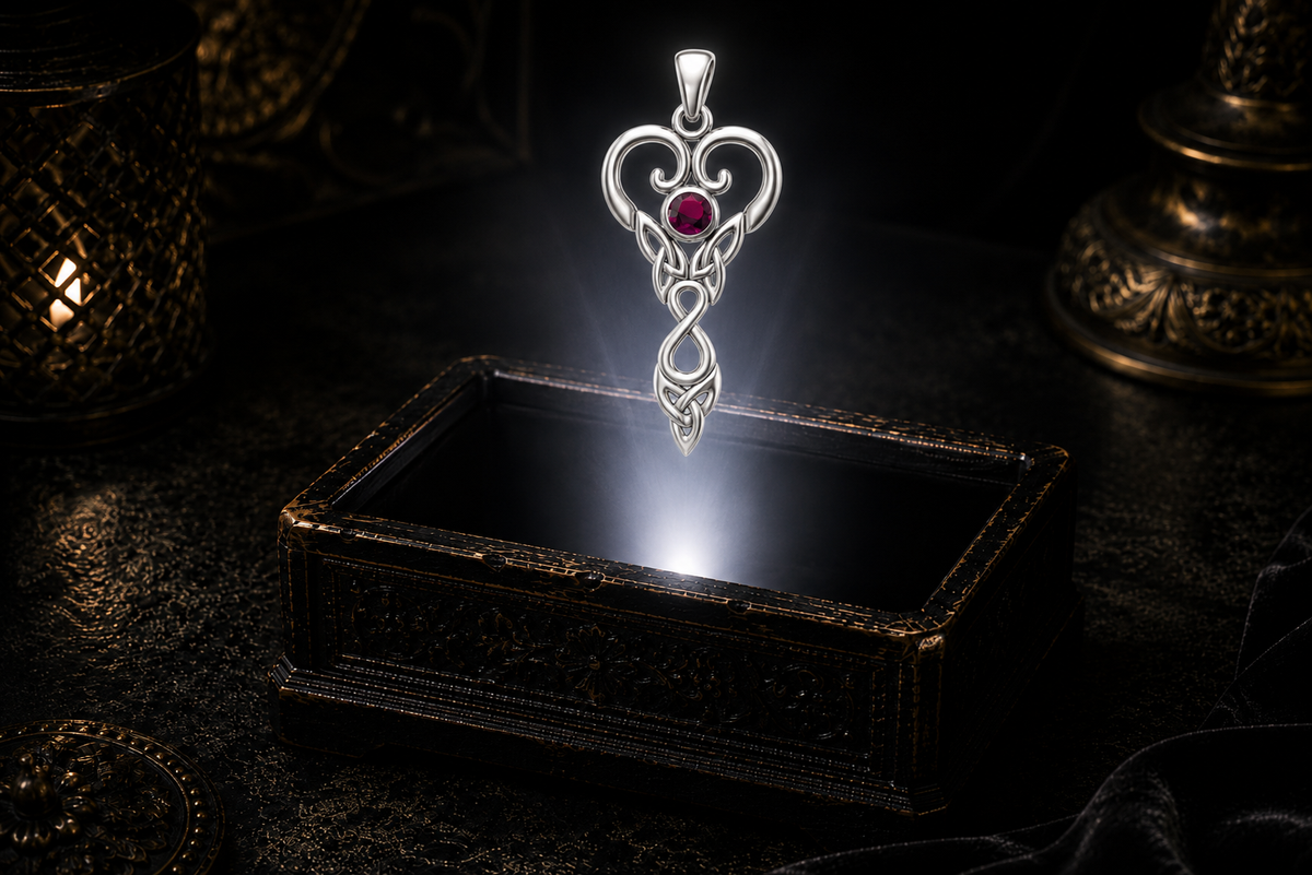 Cancer white gold Zodiac Goddess pendant with created ruby displayed above an illuminated antique chest