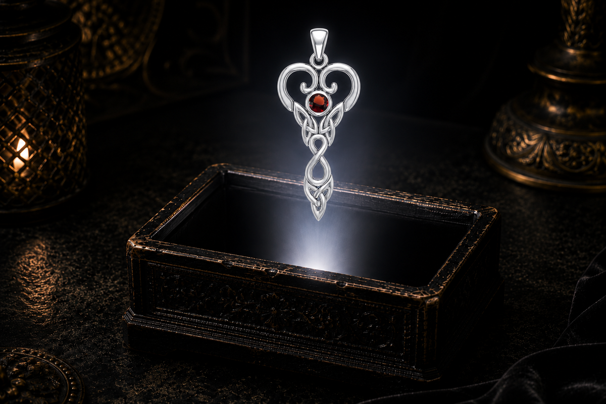 Capricorn white gold Celtic pendant with genuine garnet suspended over a glowing ornate jewelry box