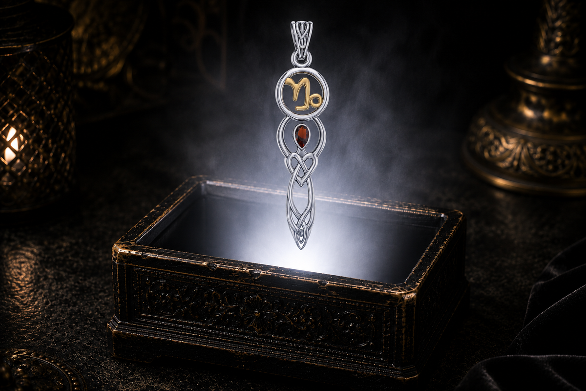 Sterling silver Capricorn zodiac goddess pendant with garnet and gold accents floating above an ornate jewelry box illuminated by glowing light in a dark luxury setting.
