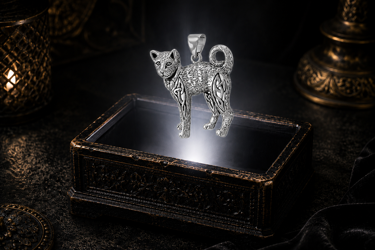 Celtic cat sterling silver pendant with engraved fur, curled tail and openwork knot detailing

Sterling silver cat pendant with Celtic knot detailing hovering above an ornate antique jewelry box in a neutral white beam of light