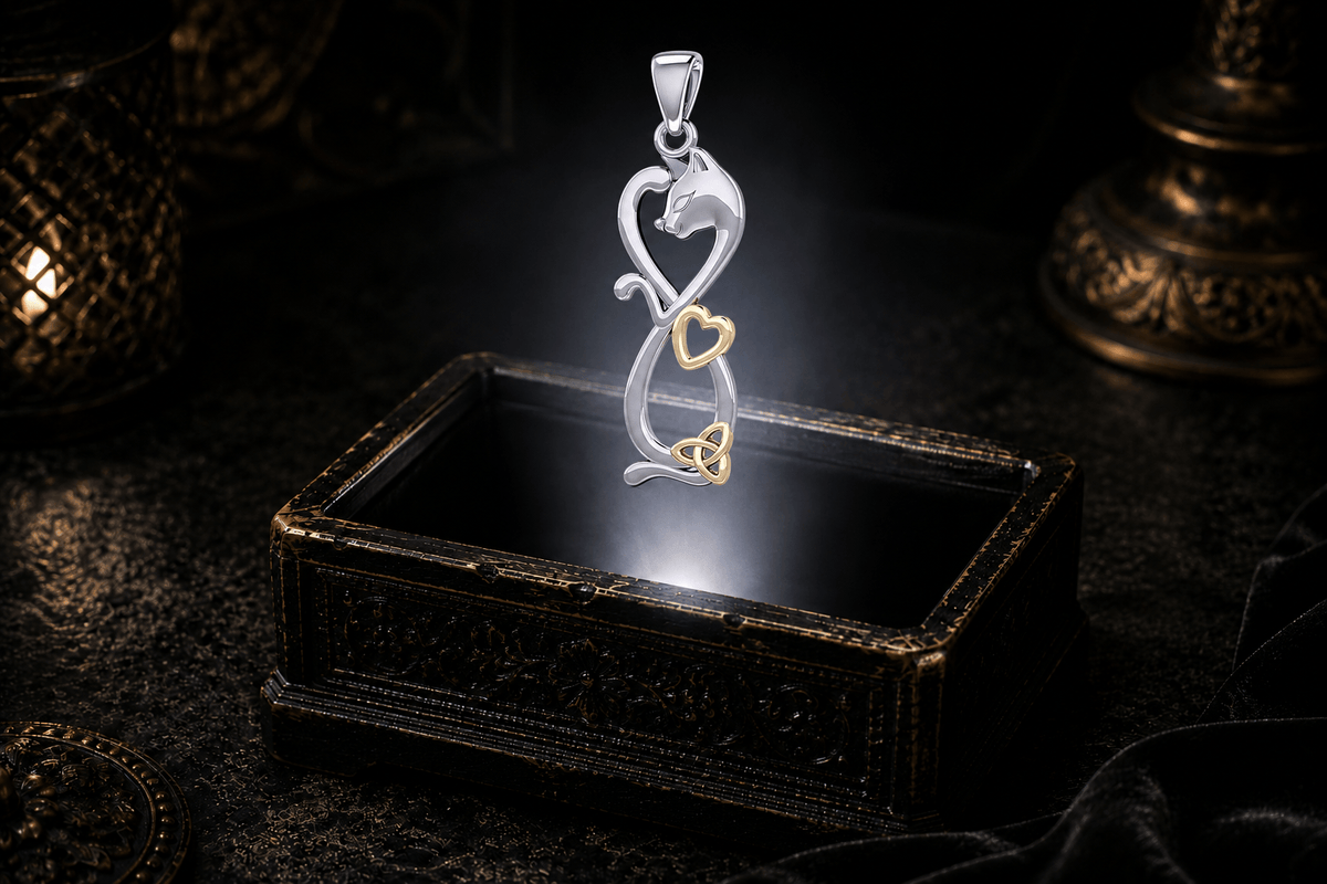 Sterling silver cat pendant shaped into an infinity symbol with gold heart and Trinity knot accents, floating above an antique jewelry box.