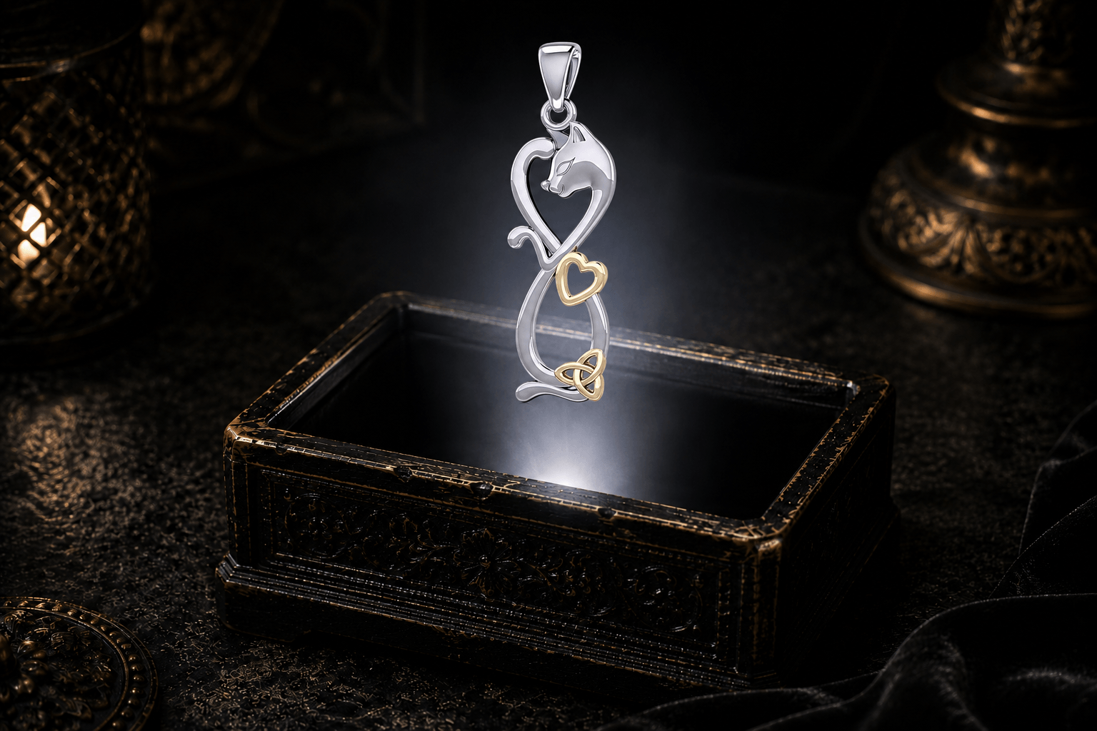 Sterling silver cat pendant shaped into an infinity symbol with gold heart and Trinity knot accents, floating above an antique jewelry box.