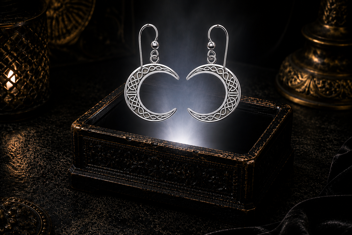 Sterling silver Celtic crescent moon earrings floating above a glowing ornate jewelry box in a dark luxury setting