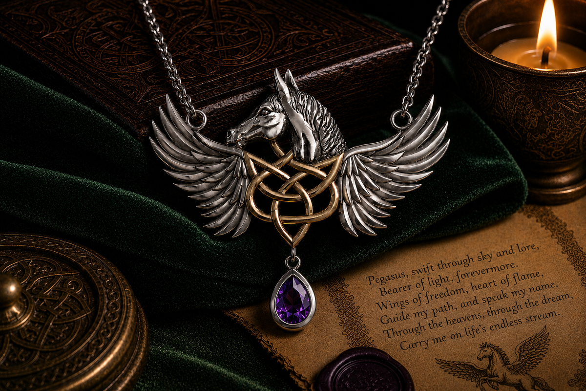 Celtic winged Pegasus sterling silver necklace with 14K gold accents and amethyst gemstone displayed on dark green velvet beside a candle, carved box, and parchment