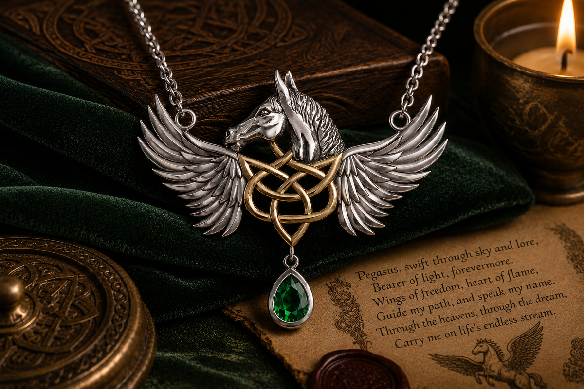 Celtic winged Pegasus sterling silver necklace with 14K gold accents and emerald green gemstone displayed on dark green velvet beside a candle, carved box, and parchment