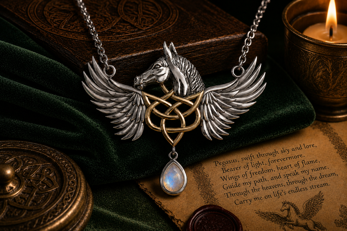 Celtic winged Pegasus sterling silver necklace with 14K gold accents and rainbow moonstone gemstone displayed on dark green velvet beside a candle, carved box, and parchment